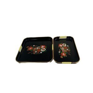 Vintage Otagiri Style Oriental Plastic Serving Trays Wheelbarrow Picking Flowers